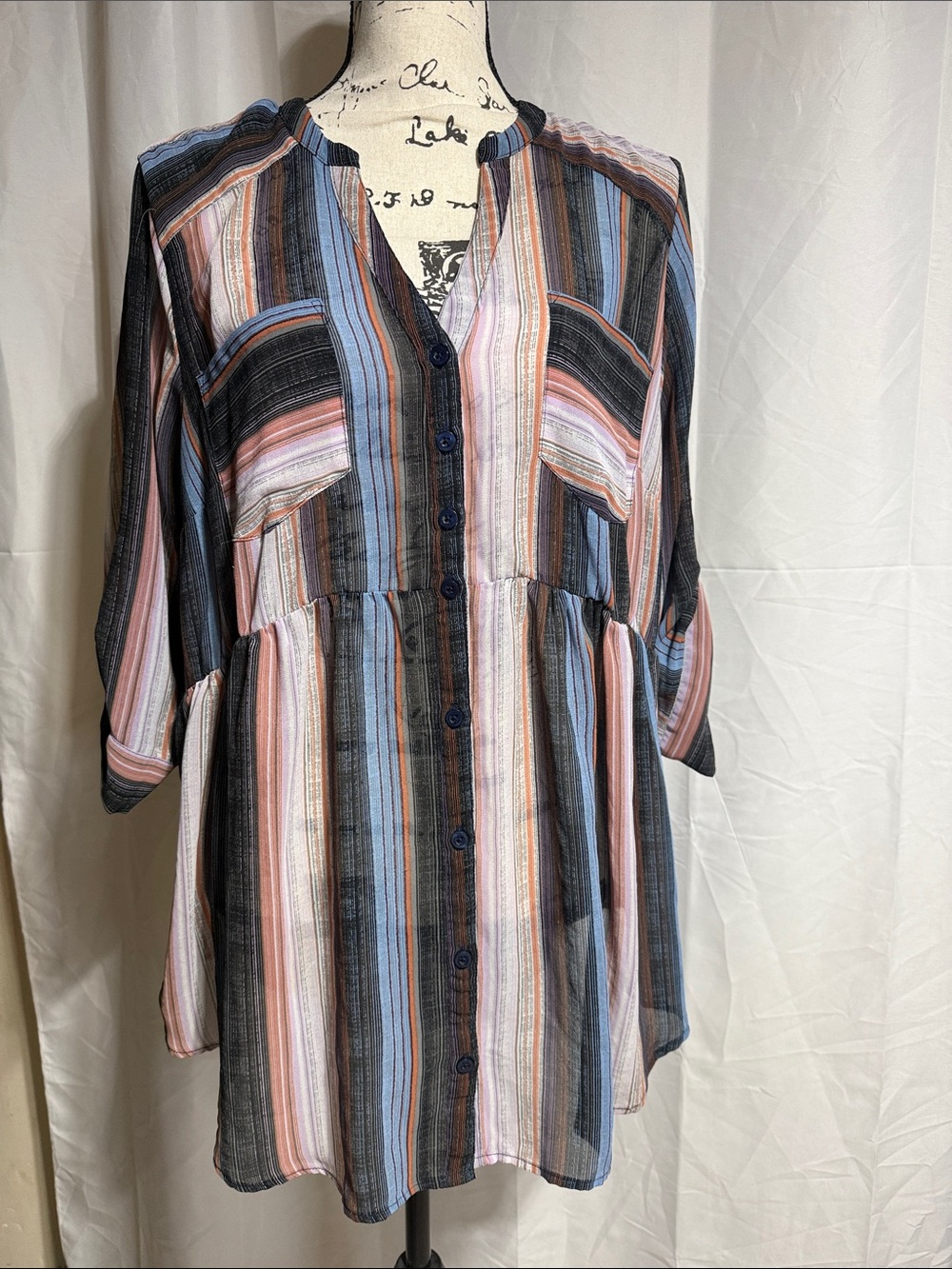 Torrid Striped Button-Front Tunic in Blue, Pink & Black